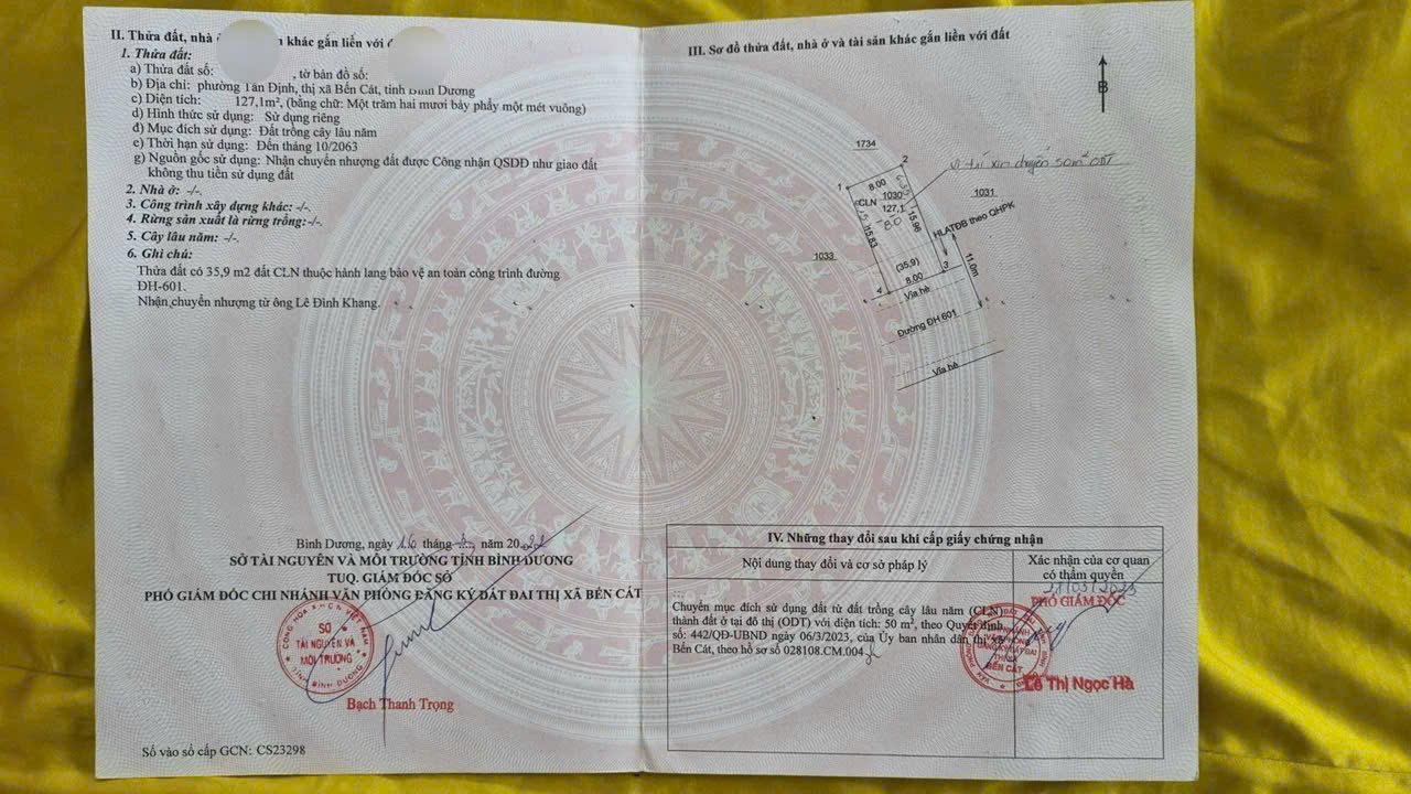 Đất thổ cư Tân Định Bến Cát 127m² giá 2 tỷ - Đường nhựa rộng rãi