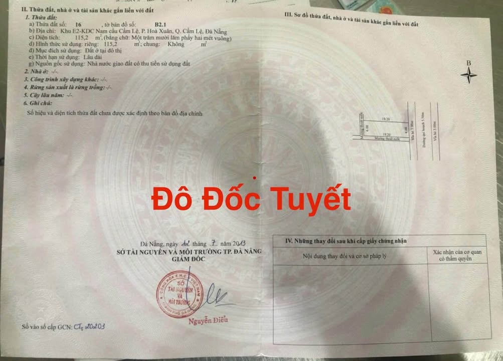 Đất nền Đô Đốc Tuyết, Hòa Xuân, Cẩm Lệ, Đà Nẵng 115.2m² - Vị trí đẹp, thích hợp đầu tư