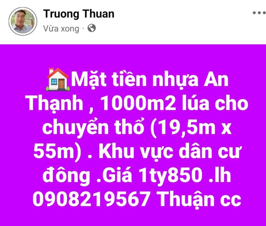 Đất mặt tiền đường An Thạnh, Vĩnh Công, Tây Ninh 1171m² giá 1.85 tỷ - Cơ hội đầu tư sinh lời cao!