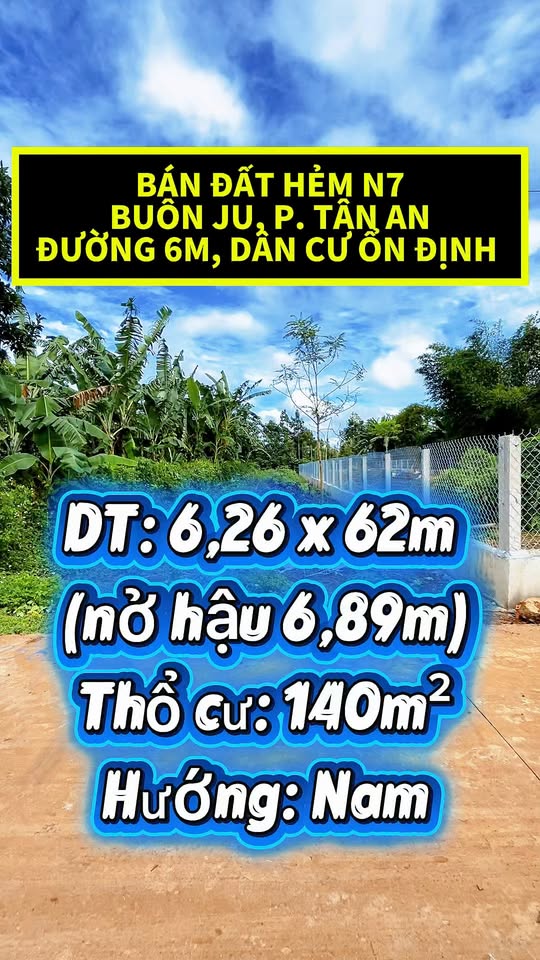 Bán đất hẻm N7, Tân An, Buôn Ma Thuột 626m² giá 1.62 tỷ - Đường 6m ô tô tránh thoải mái!