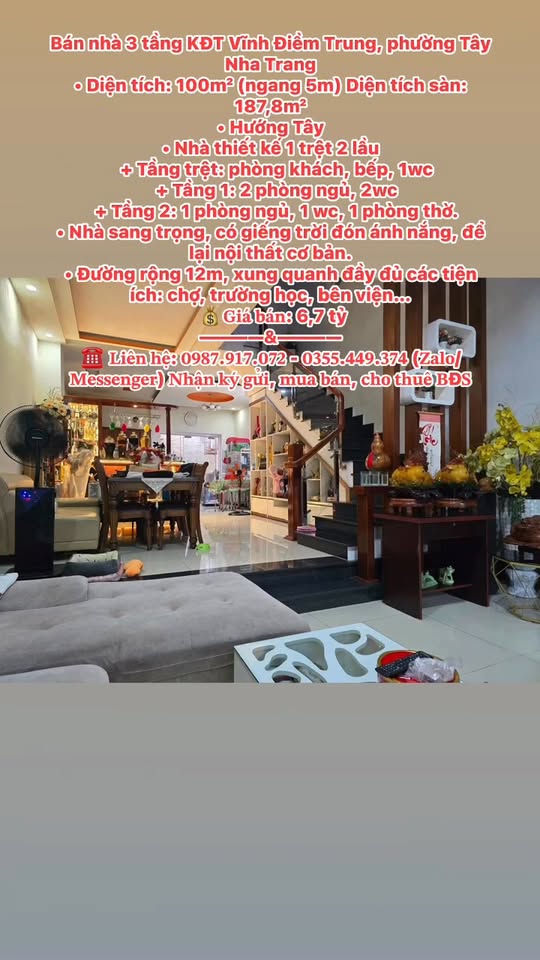 Nhà 3 tầng KĐT Vĩnh Điềm Trung, Tây Nha Trang 100m² giá 6,7 tỷ - Thiết kế sang trọng, tiện ích đầy đủ!