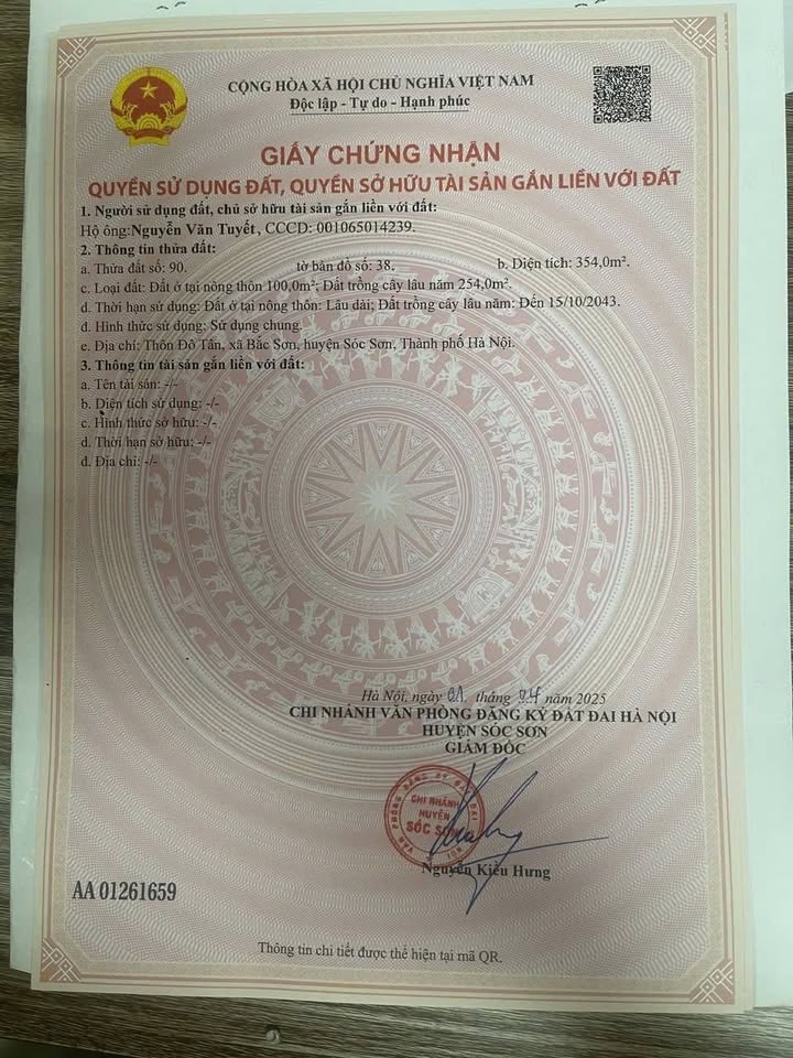 Đất thổ cư 354m² tại Đô Tân, Sóc Sơn - Cơ hội đầu tư sinh lời!