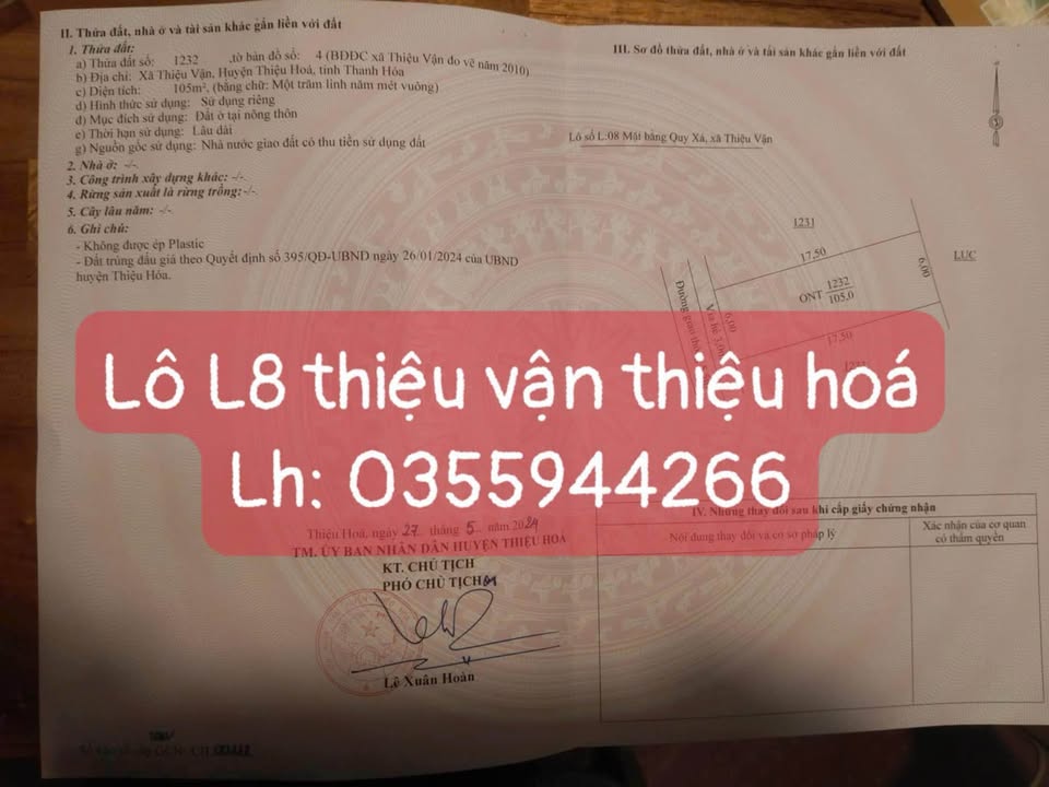 Đất nền Thiệu Vận, Thiệu Hóa 105m² giá 1 tỷ - Cơ hội đầu tư hấp dẫn!