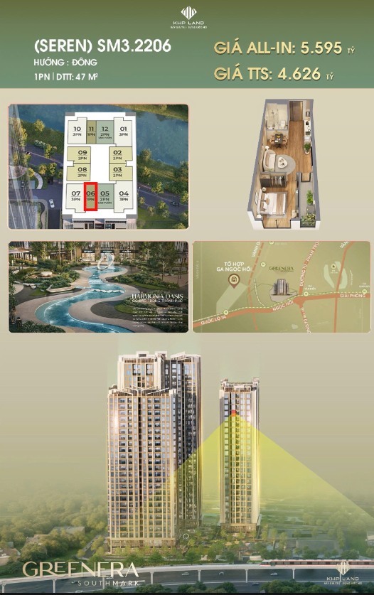 Căn hộ SM3.2206 tại Greenera Southmark 47m² giá 4.626 tỷ - Biểu tượng sống xanh giữa lòng Thủ đô!