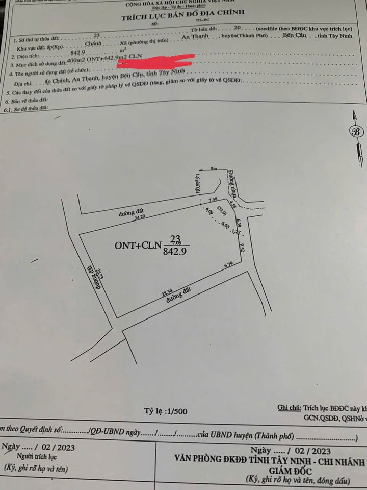 Đất nền Ấp Chánh, xã Bến Cầu, Tây Ninh 843m² - Đầu tư tiềm năng với 4 mặt tiền!