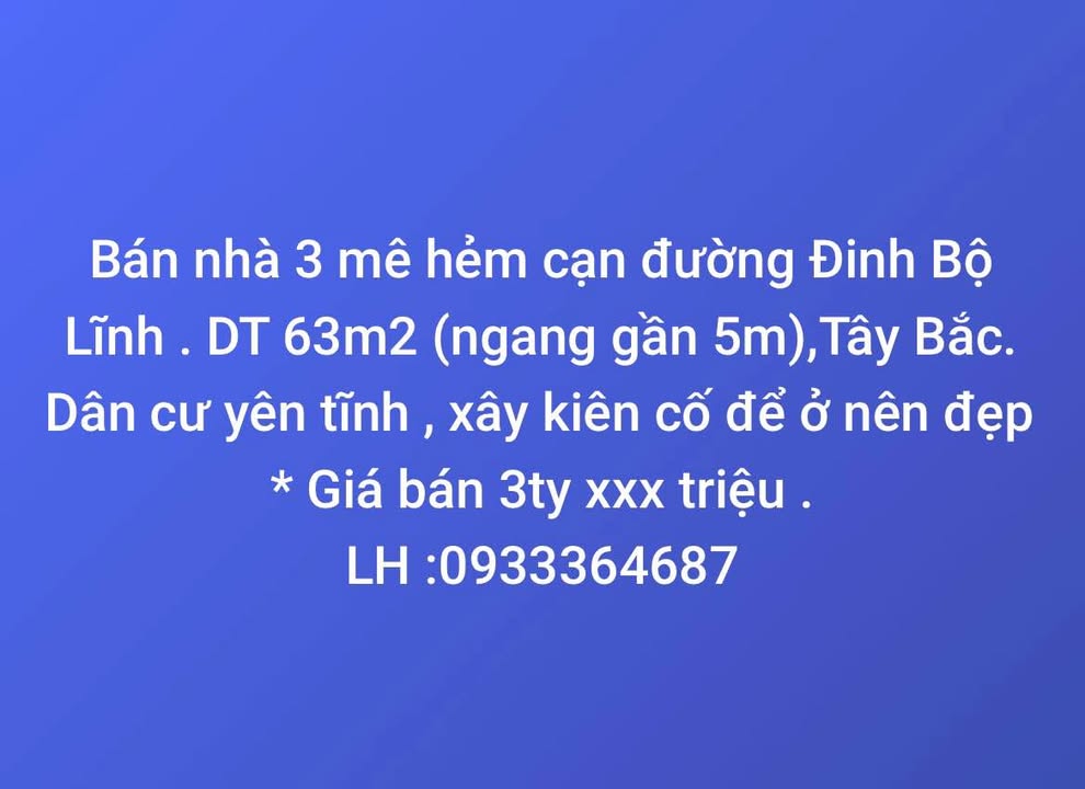 Nhà 3 mê đường Đinh Bộ Lĩnh, 63m² giá 3 tỷ - Khu vực dân cư yên tĩnh!