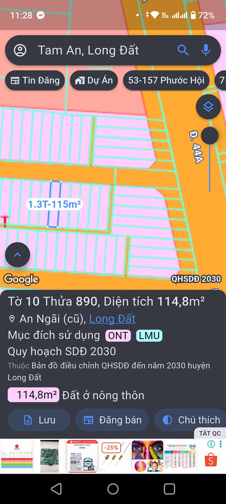 Đất thổ cư An Ngãi 114.8m² giá chỉ 1.25 tỷ - Cần bán gấp!