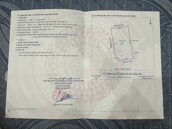 Đất nền Đô Lương 193,3m² giá 2,8 tỷ - Vị trí trung tâm phong thủy tốt!