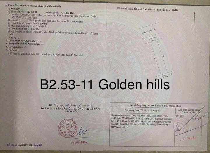 Đất nền Golden Hills Đà Nẵng 125m² giá 3 tỷ - Hướng Tây Nam, đầu tư sinh lời!