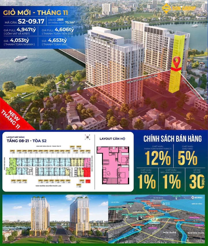 Căn hộ 2PN Sun Spana Tower Đà Nẵng 75m² giá 4.053 tỷ - View sông Hàn tuyệt đẹp!