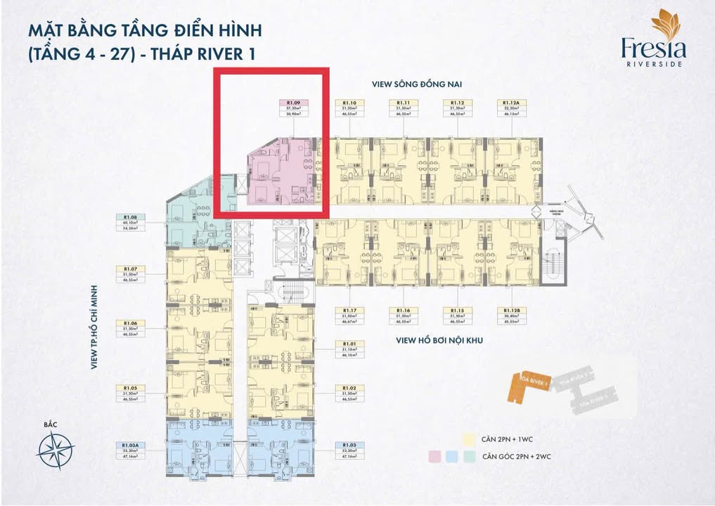 Căn hộ Fresia Riverside Biên Hòa 57.5m² giá 2.3 tỷ - Tầng cao view sông tuyệt đẹp!