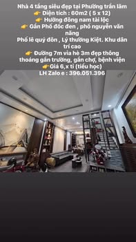 Nhà 4 tầng tại Phường Trần Lãm 60m² giá 6 tỷ - Hướng Đông Nam tài lộc!