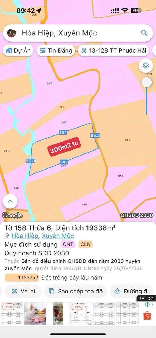 Đất Hòa Hiệp Xuyên Mộc 19.000m² chỉ 12.35 tỷ - Đường nhựa, khu dân cư