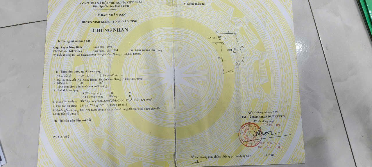 Đất nền xã Tân Quang, huyện Ninh Giang 411m² giá 822 triệu - Cơ hội đầu tư hấp dẫn!