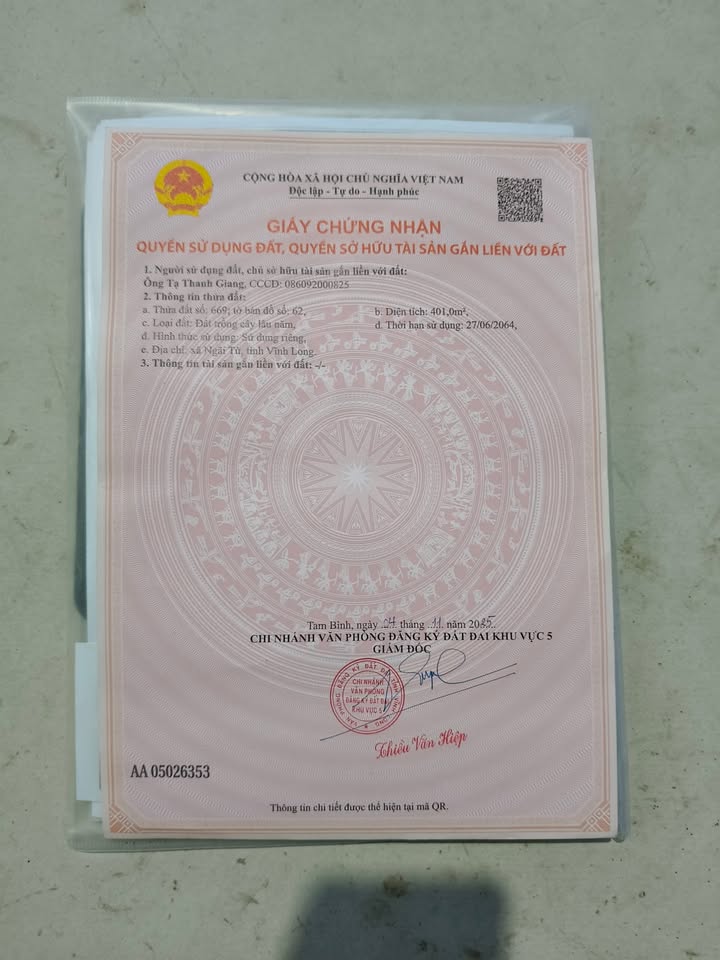 Đất nền 400m² xã Ngãi Tứ, huyện Tam Bình, Vĩnh Long - Giá chỉ 450 triệu!