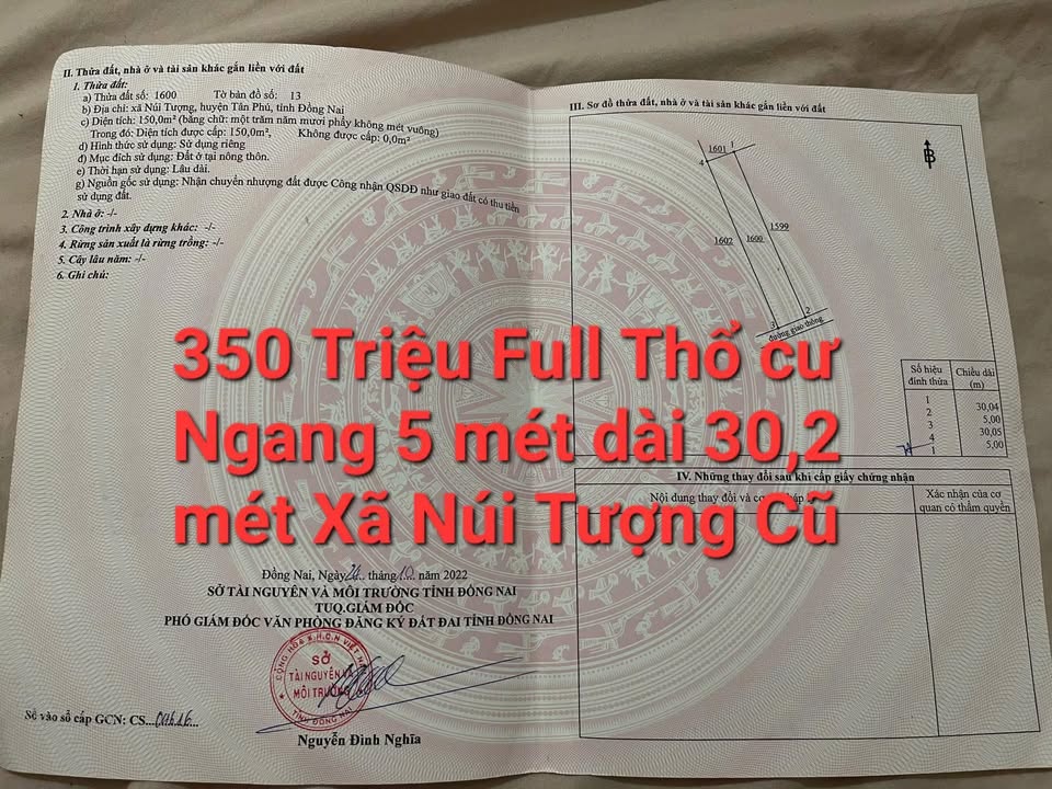 Đất thổ cư Núi Tượng, Tân Phú 151m² giá chỉ 350 triệu - Cơ hội đầu tư hấp dẫn!
