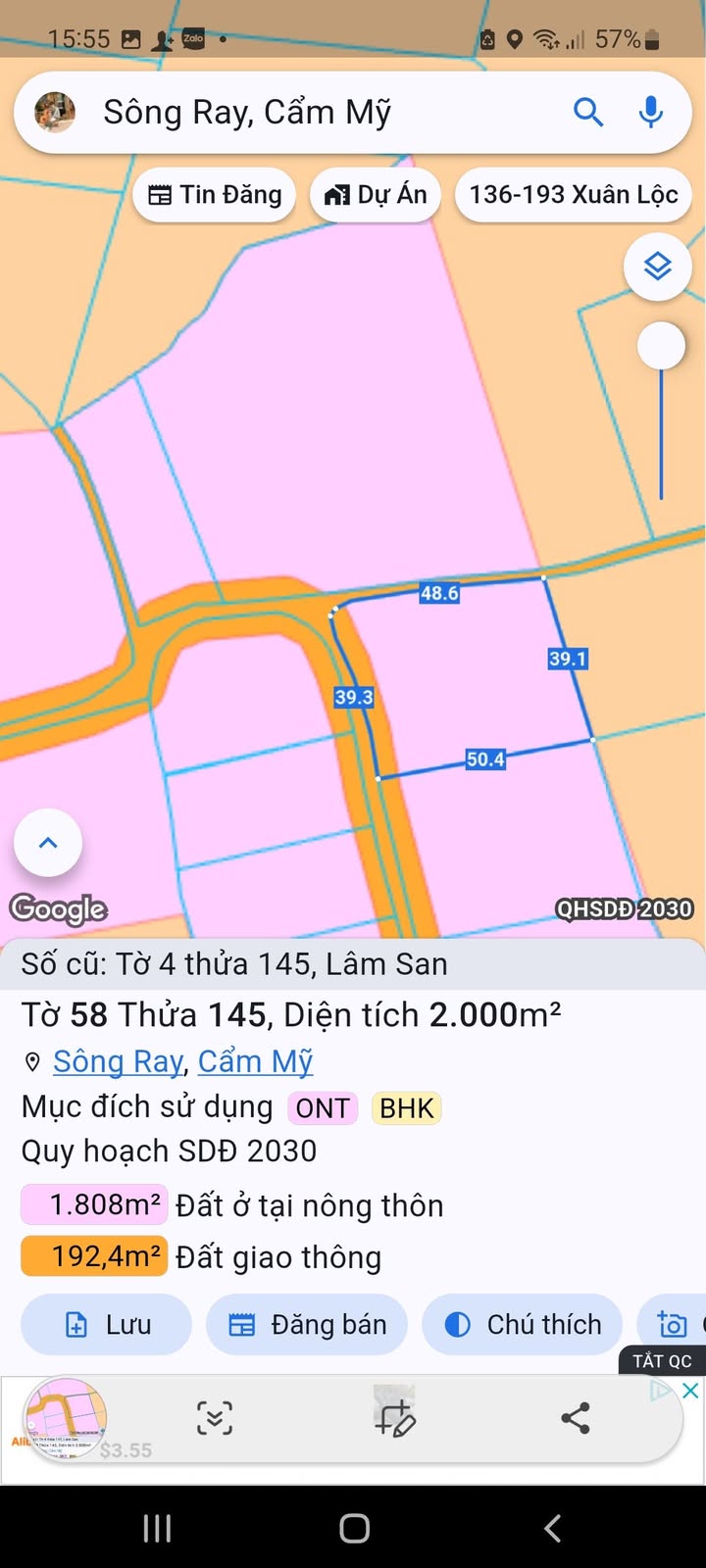 Đất thổ cư 7200m² Cẩm Mỹ - 2 mặt tiền đường bê tông, gần chợ Lâm San!