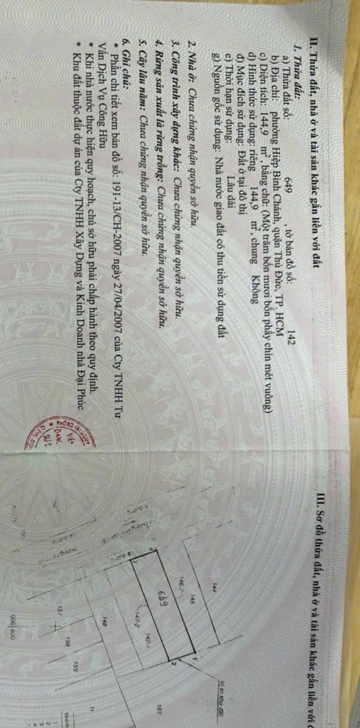 Đất thổ cư 144m² Hiệp Bình, Thủ Đức giá 16 tỷ - Sổ hồng riêng, vị trí đắc địa!