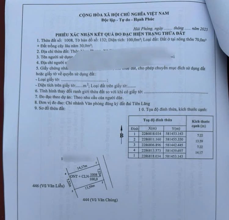 Đất thổ cư Thôn Nam Phong - Tân Minh, Tiên Lãng, Hải Phòng 100m² - Mặt tiền đẹp, pháp lý rõ ràng!