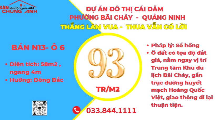 Đất nền dự án Khu đô thị Cái Dăm Bãi Cháy 58m² giá 5.426 tỷ - Cơ hội đầu tư sinh lời cao!