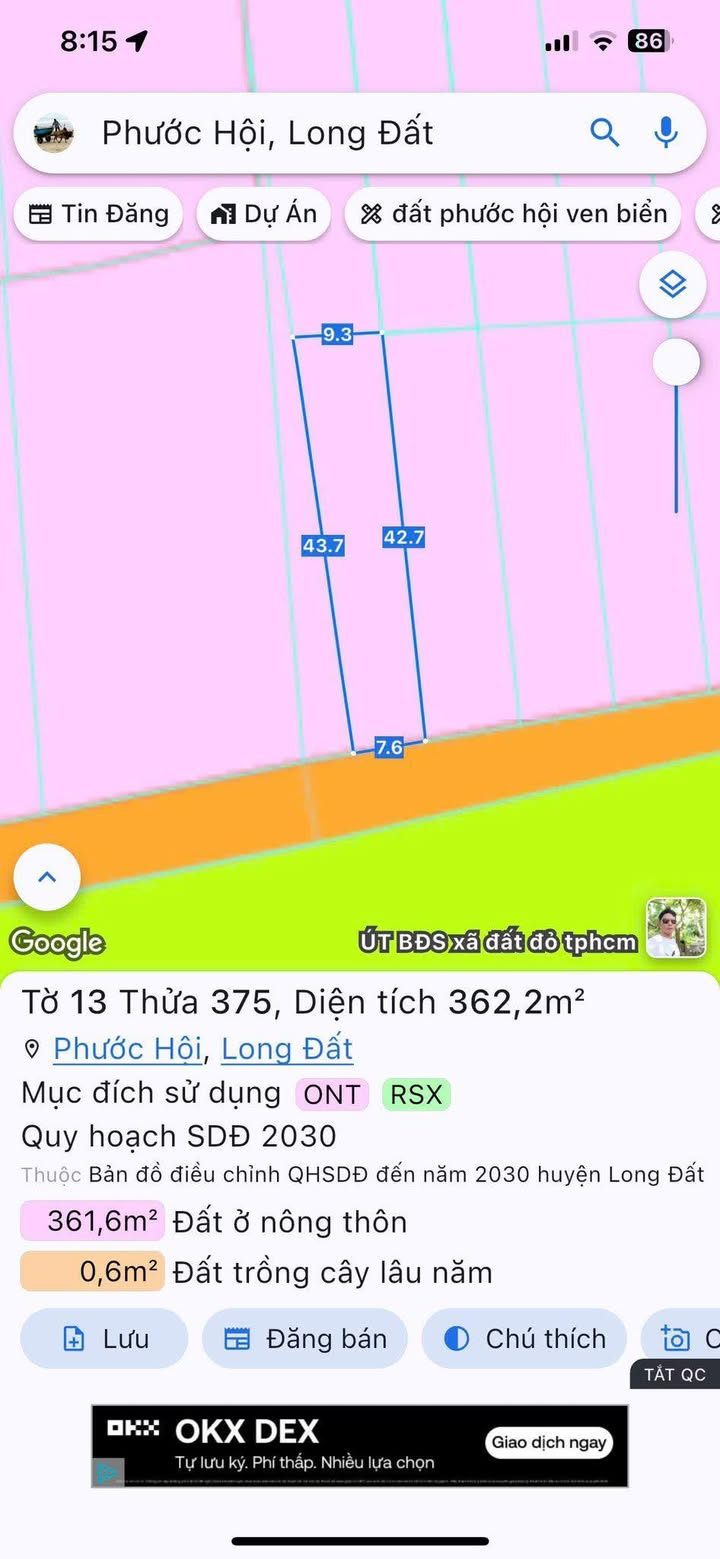 Đất thổ cư Phước Hội 355,9m² giá 1,35 tỷ - Sổ đỏ chính chủ