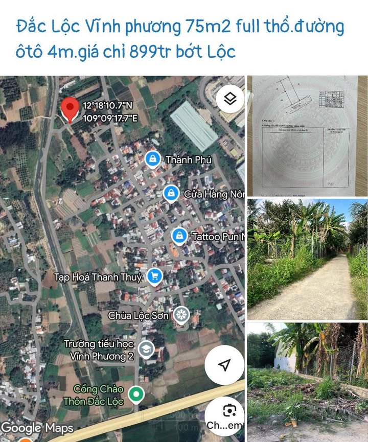 Đất Vĩnh Phương Nha Trang 75m² giá chỉ 899 triệu - Đầu tư sinh lời hấp dẫn!