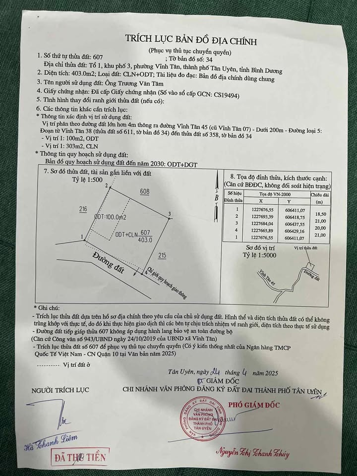 Đất nền Vĩnh Tân Tân Uyên 800m² giá 2 tỷ - Cơ hội đầu tư sinh lời!