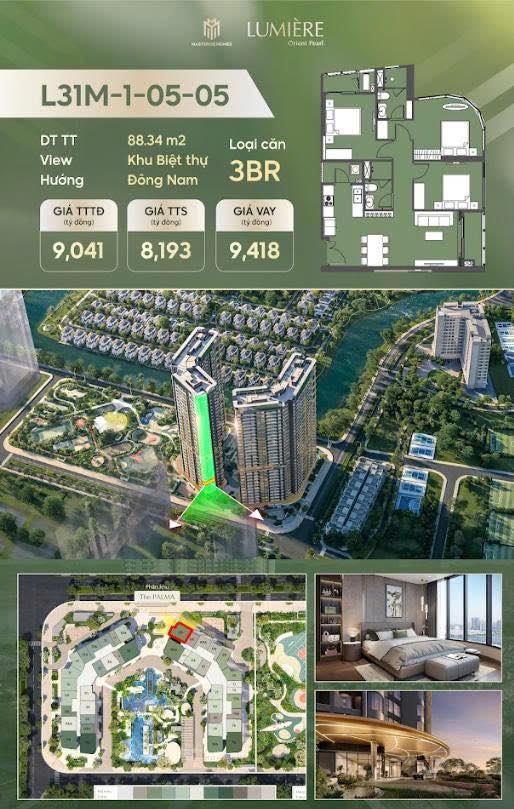 Căn hộ 3PN The Palma 2 Gia Lâm 88.34m² giá 8.5 tỷ - Hướng Đông Nam, view biệt thự đẳng cấp!