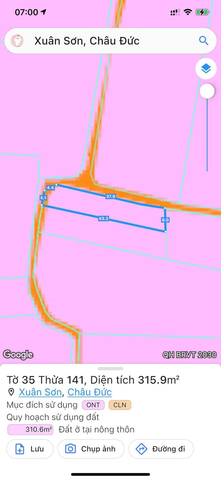 Đất Xuân Sơn Châu Đức 344m² giá 1.72 tỷ - 2 mặt tiền nhựa, cơ hội đầu tư tuyệt vời!