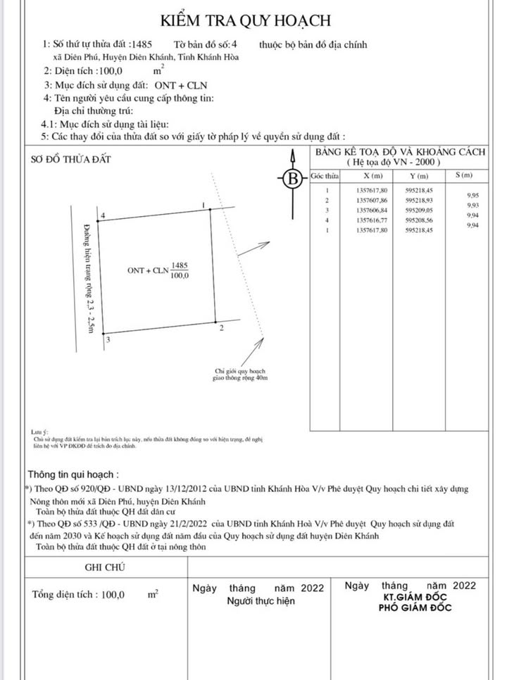 Đất thổ cư Diên Phú, Diên Khánh 100m² giá chỉ 8 triệu/m² - Tiềm năng sinh lời cao!