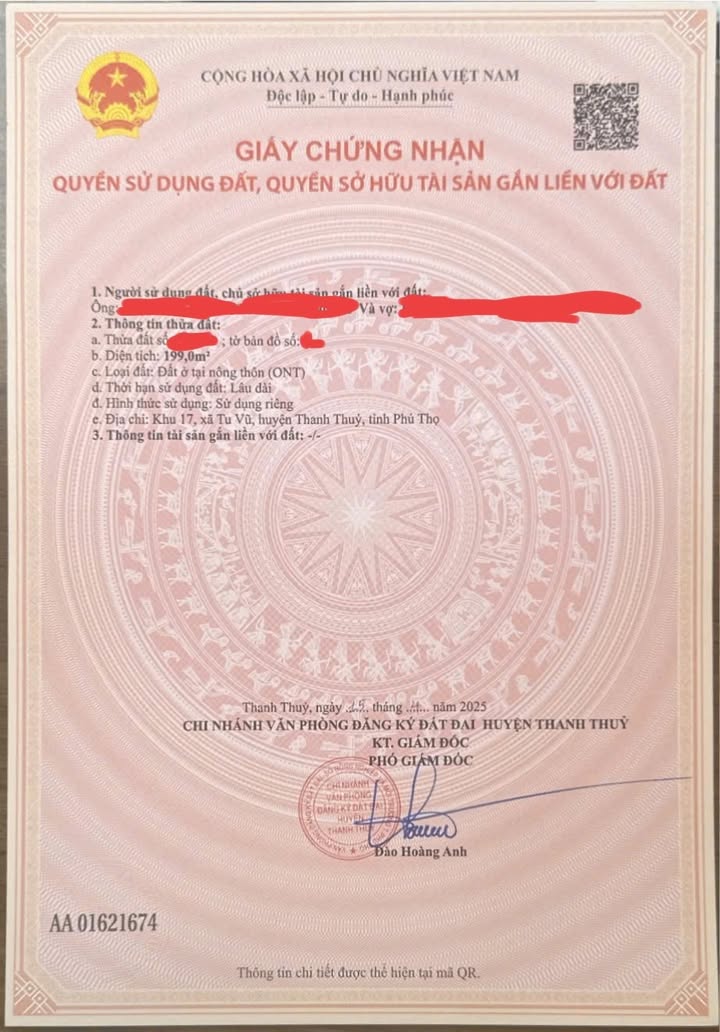 Đất thổ cư 199m² tại Tu Vũ - Thanh Thủy - Vị trí vàng, giá tốt!