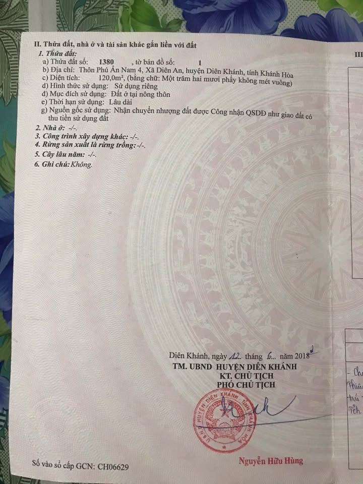 Đất thổ cư 120m² tại thị trấn Diên Khánh - Gần bệnh viện nhiệt đới chỉ 1.25 tỷ