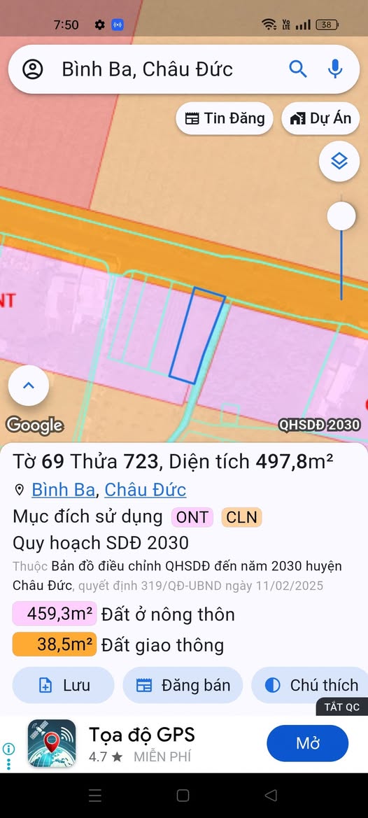 Đất mặt tiền đường nhựa Tim Vàng, xã Bình Ba, diện tích 498m² giá 1.65 tỷ - Cơ hội đầu tư hấp dẫn!
