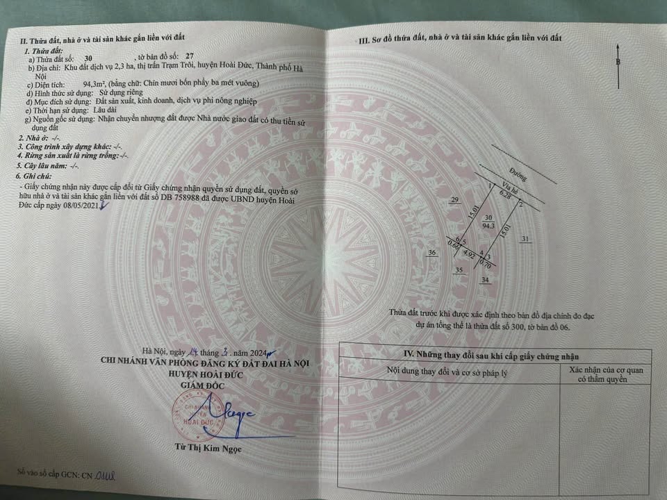 Đất nền Trạm Trôi Hoài Đức 94m² giá chỉ 12 triệu/m² - Hướng mát, giao thông thuận lợi!