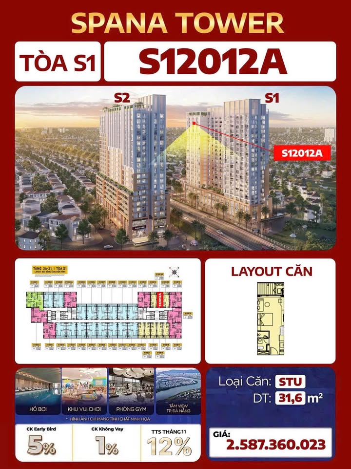 Căn hộ Spana Tower Đà Nẵng 31.6m² giá 2.587 tỷ - Không gian sống đẳng cấp!