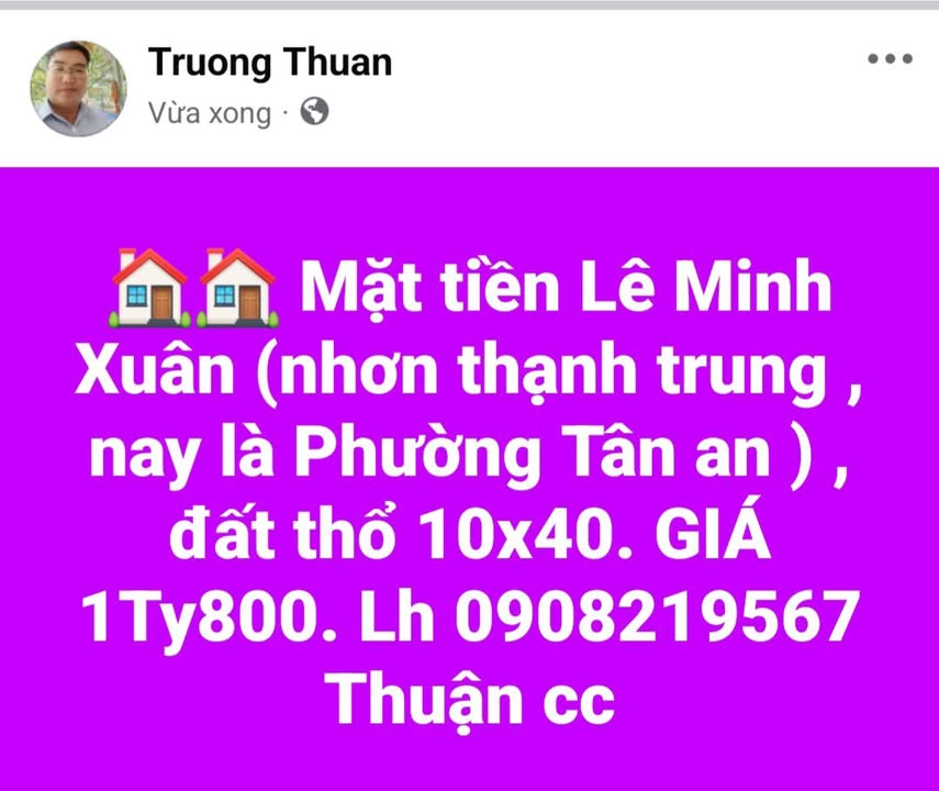 Đất thổ cư mặt tiền Lê Minh Xuân 400m² giá 1.8 tỷ - Đầu tư sinh lời hấp dẫn!