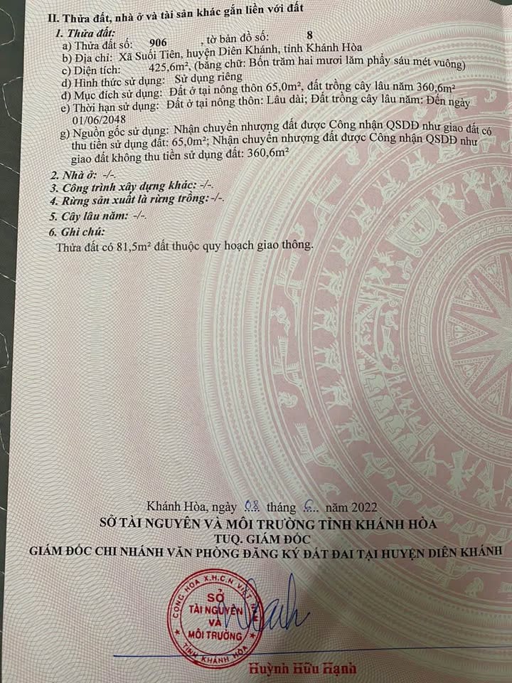 Bán mặt tiền Hương Lộ 39, xã Suối Tiên, Diên Khánh 425m² - Đầu tư sinh lời cao!