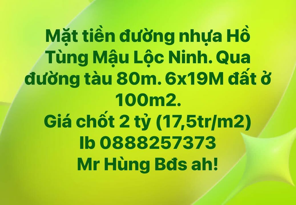 Đất nền mặt tiền đường Hồ Tùng Mậu, Lộc Ninh 114m² giá 2 tỷ - Đầu tư sinh lời hấp dẫn!
