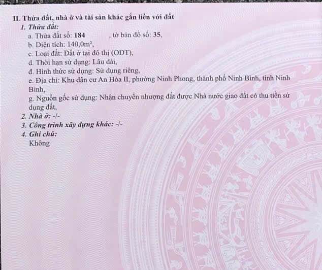 Đất nền Ninh Phong, Hoa Lư 140m² giá 6 tỷ - Sổ đỏ chính chủ!