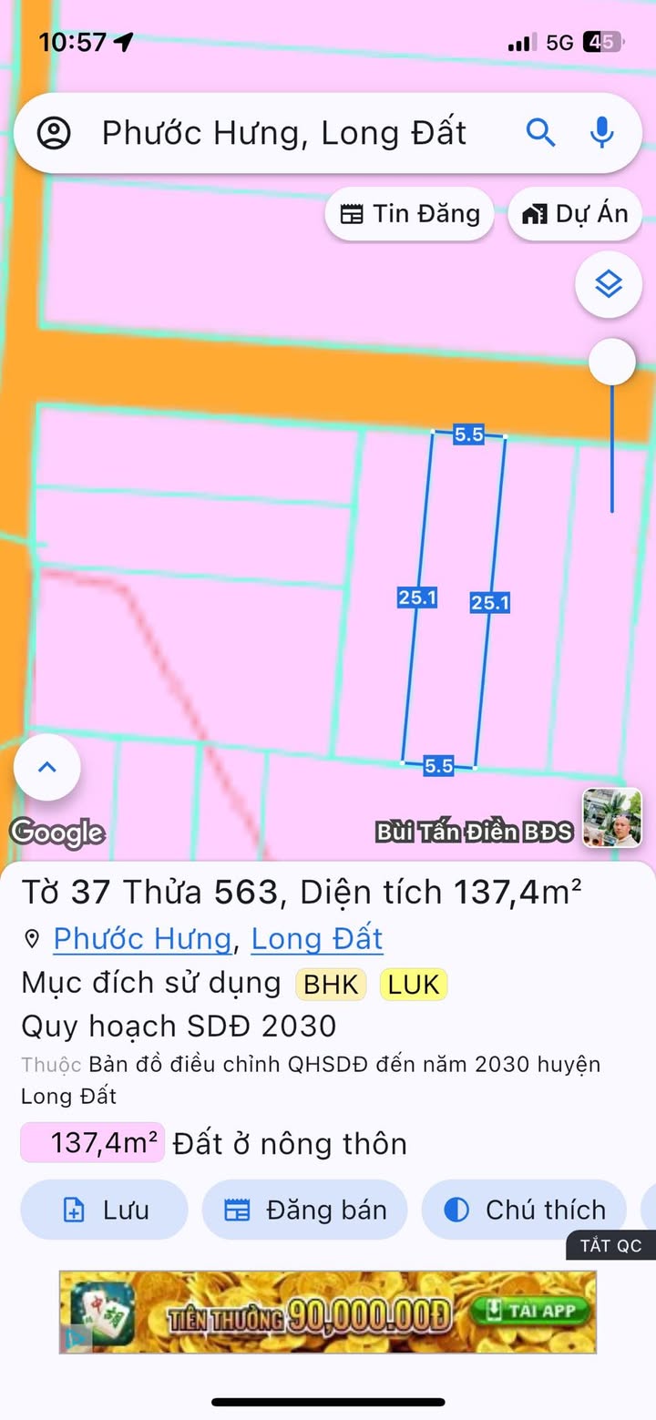 Đất thổ cư 137m² tại Phước Hưng, Long Điền - Giá chỉ 1,35 tỷ, thương lượng với chủ