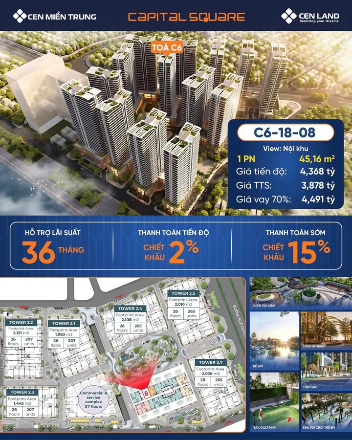 Căn hộ Capital Square Đà Nẵng 45m² giá 3.878 tỷ - View nội khu đẹp, thanh toán sớm siêu ưu đãi!