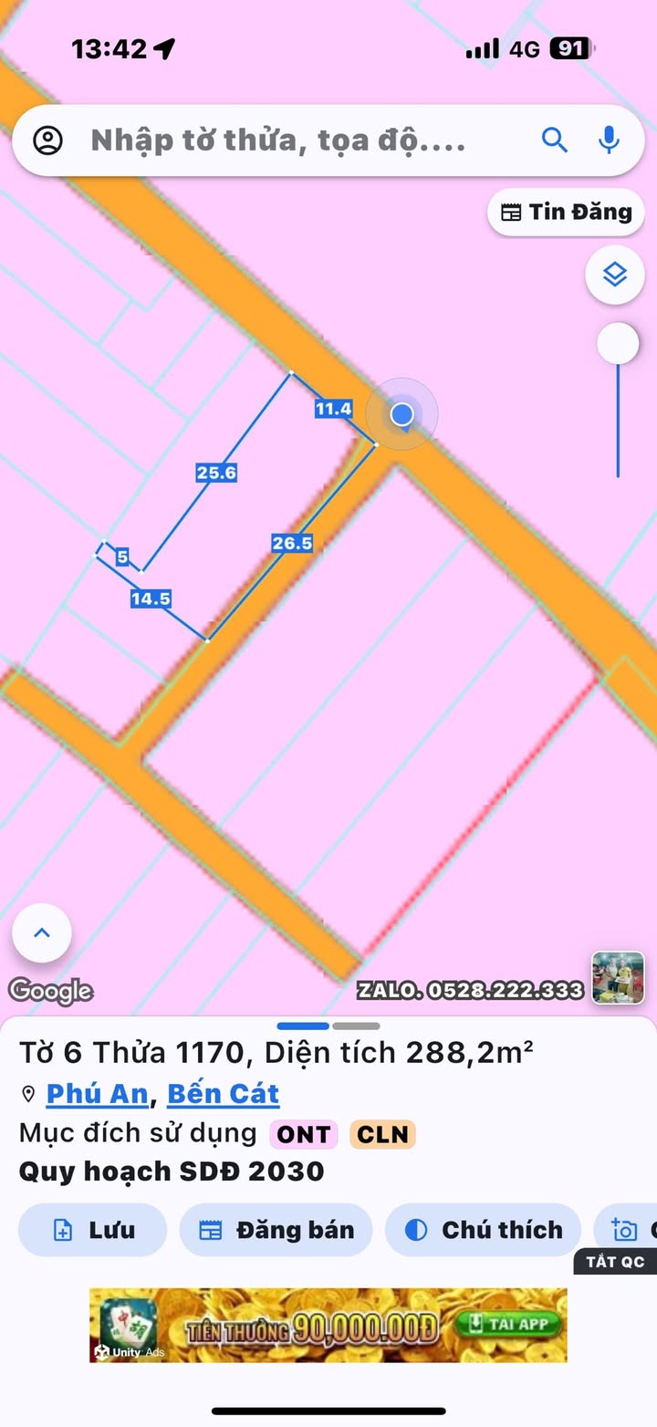 Đất thổ cư Phú An, Bến Cát 286m² giá 2.6 tỷ - Sổ đỏ chính chủ!