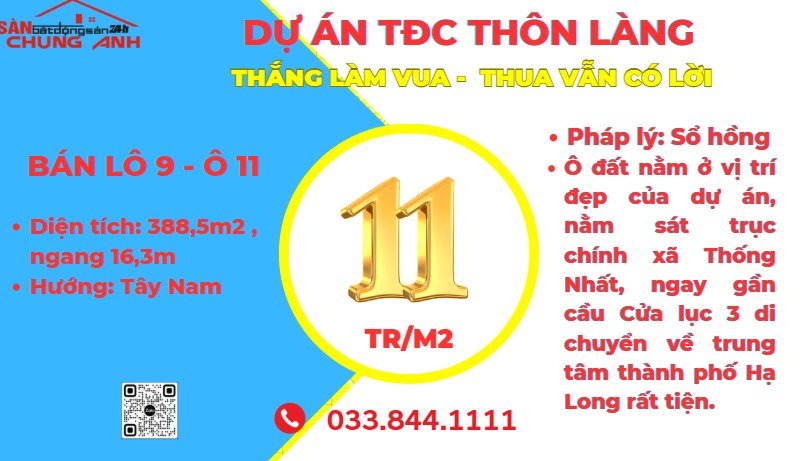 Đất nền dự án TĐC Thôn Làng - Hạ Long 388.5m² giá 4.273 tỷ - Tiềm năng phát triển lớn!