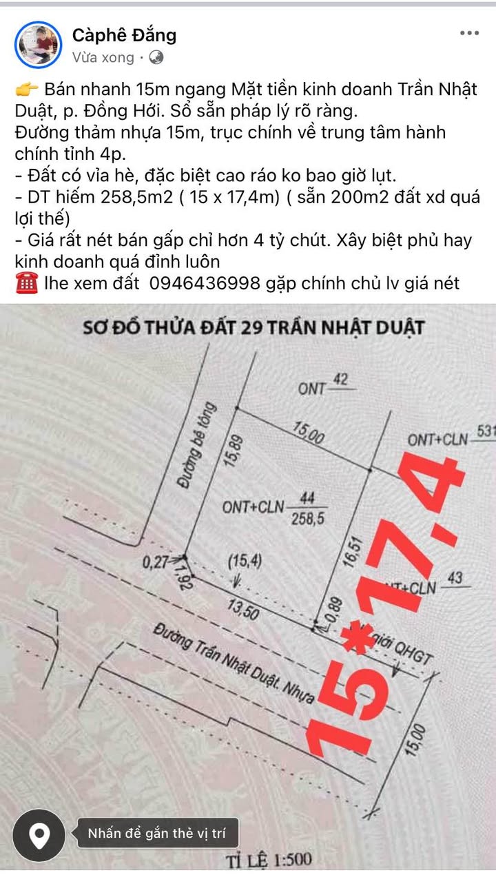 Đất kinh doanh mặt tiền đường Trần Nhật Duật, Đồng Hới 258m² giá chỉ 4 tỷ - Cơ hội đầu tư tuyệt vời!