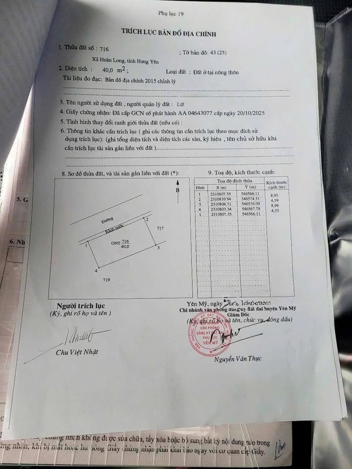 Đất nền Hoàn Long, Yên Mỹ 40m² giá 1.7 tỷ - Sổ hồng chính chủ, công chứng ngay!