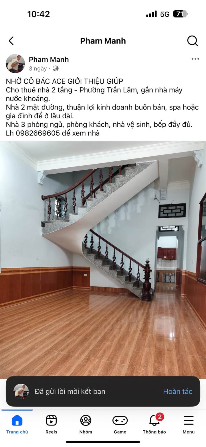 Nhà cho thuê 2 tầng Trần Lãm, Thái Bình - 3 phòng ngủ, chỉ 2.5 triệu/tháng!