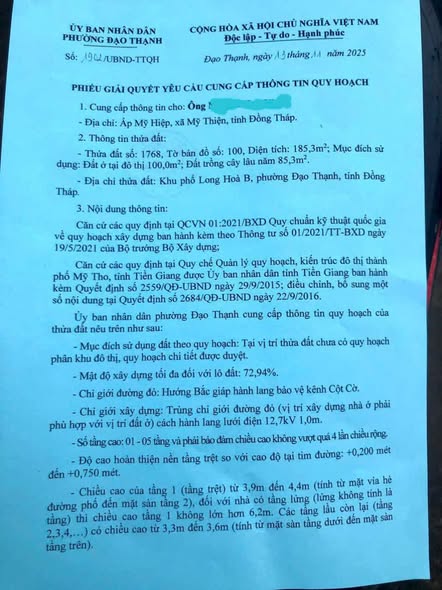 Đất thổ cư 185m² Ấp Long Hoà B, TP. Mỹ Tho, Giá 1 tỷ - Đầu tư sinh lời cao!