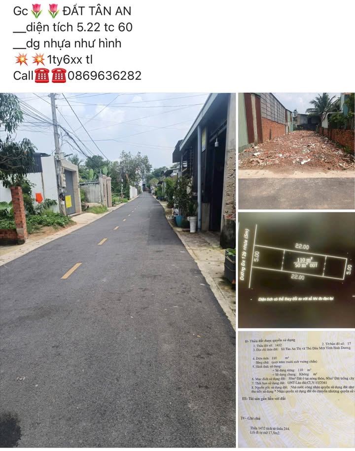 Đất Tân An Thủ Dầu Một 522m² giá 1.6 tỷ - Đường nhựa thông thoáng!