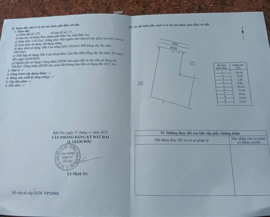 Đất nền Bến Tre 1100m² giá 2.5 tỷ - Sổ hồng chính chủ, thổ cư 100%