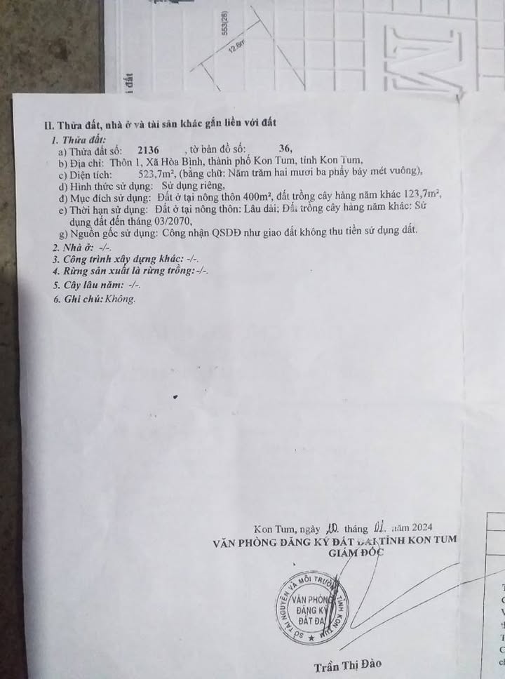 Đất thổ cư 1600m² xã Hòa Bình giá 1 tỷ - Nhà cấp 4 còn ở được!